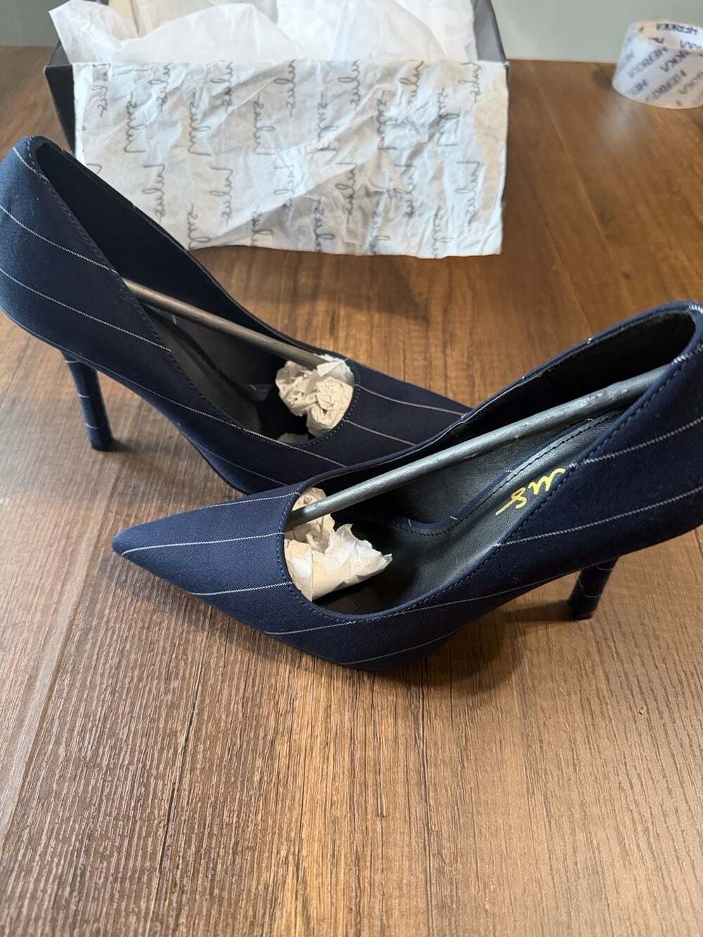 Lulus Navy Blue Pinstripe Pointed Toe Stiletto Heels – Size 6